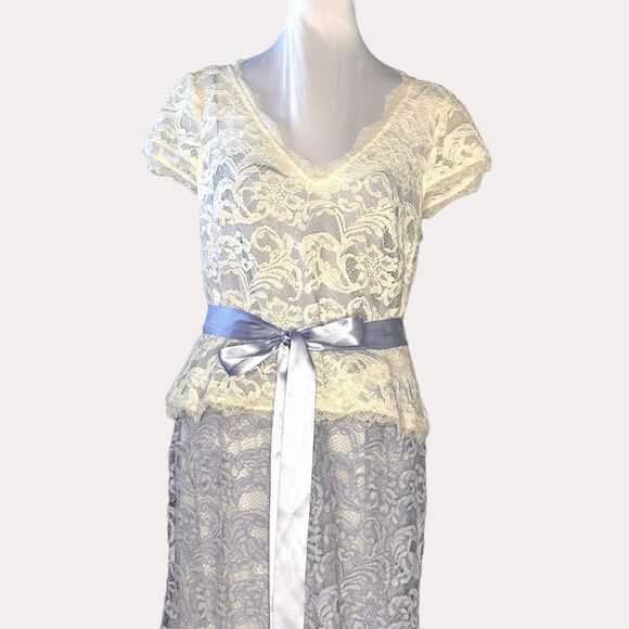 Adrianna Papell Nouveau Scroll Lace Gown Dress Maxi Periwinkle Ivory 10 - Picture 4 of 11